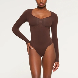 Slim fit deep brown long sleeve V-neck bodysuit for women with a sleek professional look