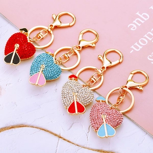 Sparkling diamond heart keychain with arrow in red, blue, silver and pink colors