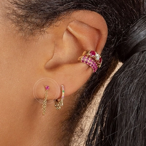S925 silver needle tassel earrings with colorful zircons on model ear close-up