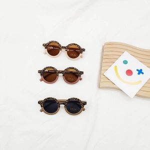Kids round leopard print sunglasses with UV400 protection and stylish split color frames