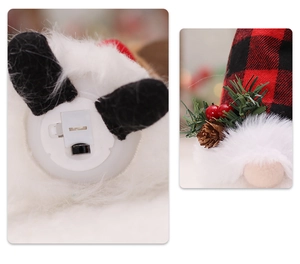 Detail of light-up Christmas gnome with battery compartment and red plaid hat accents