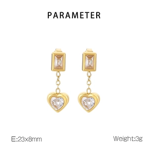 Detail shot of heart-shaped zircon earrings with 18K gold-plated finish and rectangle base