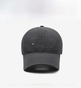 Detailed view of dark grey breathable baseball cap with Narason embroidery and laser-cut holes
