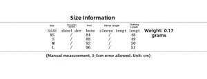 Detailed size chart for rhinestone fashion top showing measurements in centimeters