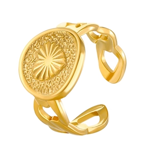 Adjustable stainless steel ring with golden sunburst relief and link chain band