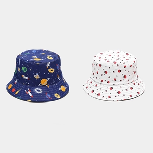Reversible Cotton Canvas Bucket Hat Sun Protection Wide Brim Space Universe Ladybug Print Cute Cartoon Sun Hat