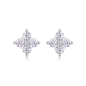Detail view of sterling silver stud earrings featuring a four-leaf zircon flower design