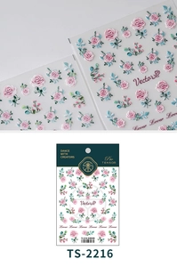 Macro detail of 3D embossed pink rose flower nail stickers with TS-2216 model info