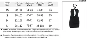 Size chart with measurements for cowl neck backless bodycon mini dress in XS-L sizes
