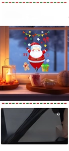 Detail of PVC Christmas window stickers showing Santa and snowflakes with static cling feature