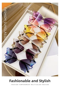 Macro detail of rimless butterfly sunglasses featuring gradient lenses and crystal studs
