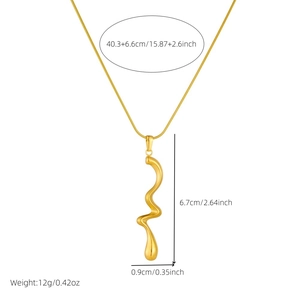 Gold stainless steel necklace with irregular wave pendant and detailed dimension labels