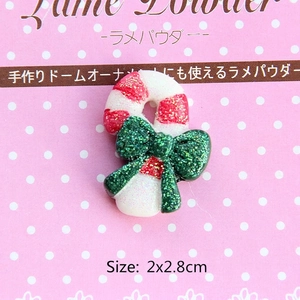 Glittery red and white candy cane resin charm with green bow for DIY crafts, 2x2.8cm