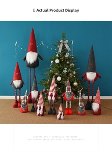 Detailed close-up of various telescopic Christmas gnomes in festive red and grey knit fabric