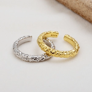925 Sterling Silver Open Ring Women Minimalist Irregular Tin Foil Texture Lava Hammered Adjustable Fashion Finger Ring