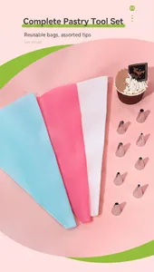 Three reusable silicone pastry bags and nine stainless steel piping tips for cake decorating