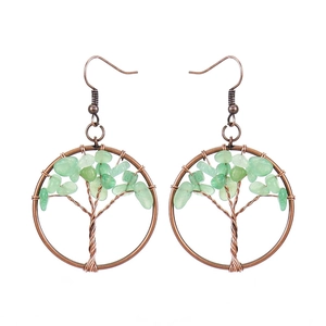 Detail of tree of life earrings featuring handmade wire wrapping and green natural stones