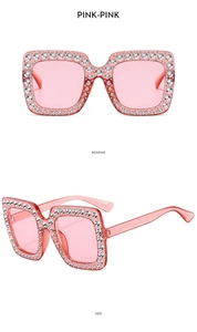 Detailed views of pink oversized square sunglasses with sparkling rhinestones and glitter