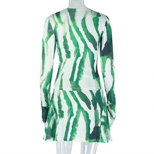 Detail of green and white zebra print on the back of a stretch knit two-piece skirt set