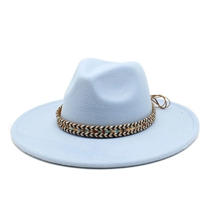 Detail of sky blue wool fedora hat featuring a bohemian ethnic style woven decorative band