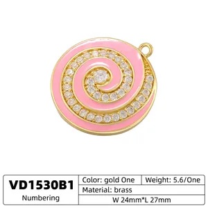 Pink enamel spiral shell pendant in gold plated brass with white zircon stone inlay