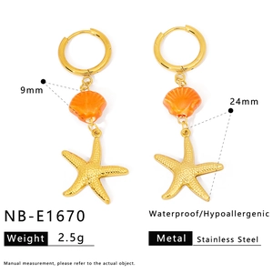 Detail of stainless steel starfish and orange shell earrings with measurements