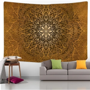 Detailed view of bronze mandala tapestry on a wall above a modern grey sofa