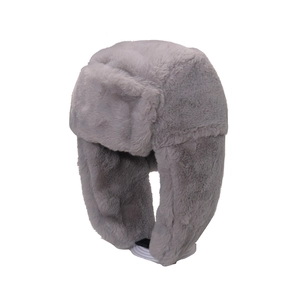 Winter plush trapper hat in grey faux rabbit fur with protective ear flaps for cold weather