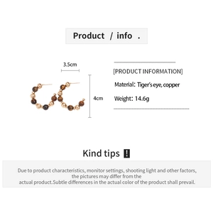 Detail specifications of 16K gold plated C-shaped tiger eye bead hoop earrings