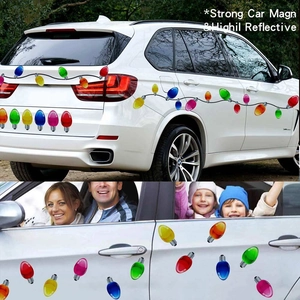 Reflective colorful bulb car magnets on white SUV with strong magnetic holiday decoration