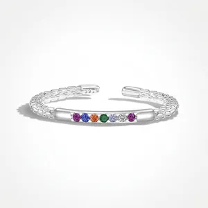 925 Sterling Silver Rainbow Zirconia Open Ring For Women Minimalist Adjustable Geometric Colorful Stone Inlaid Finger Ring Jewelry Gift