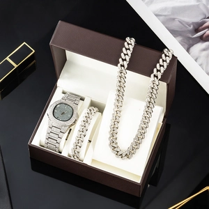 Luxury silver iced-out watch jewelry set with cuban link chain and bracelet in a gift box