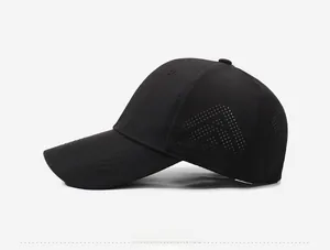 Detail view of the laser-cut triangle mesh vents on the black quick-dry baseball cap