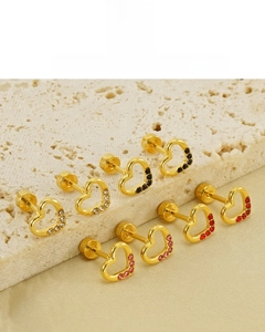 Detail of 18K vacuum plated heart-shaped stud earrings set with colorful crystals