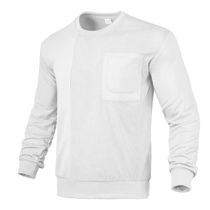 Detail of white sweatshirt featuring chest pocket and vertical corduroy texture stitching
