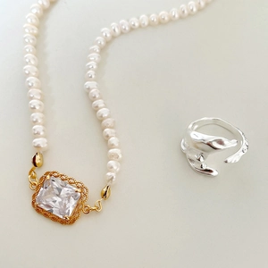 Irregular S925 sterling silver open ring set with elegant pearl crystal necklace