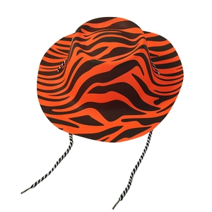 Detail of orange and black tiger stripe cowboy hat with woven adjustable chin strap
