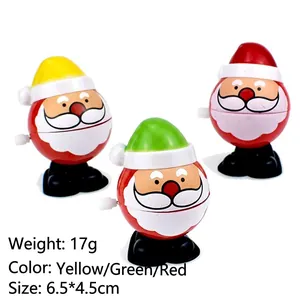 Detail view of wind-up Santa toys in red, green, and yellow, size 6.5x4.5cm and 17g weight