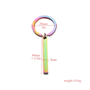 Rainbow stainless steel bar keychain with circular ring and size dimensions indicated