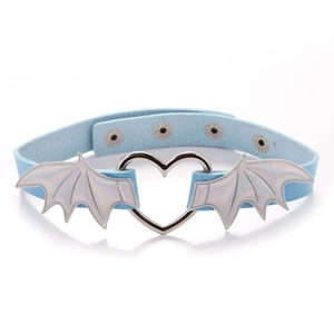 Detail of light blue PU leather choker with silver metal heart and bat wings on white background