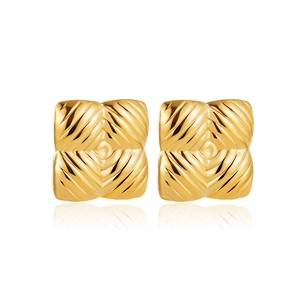 Square gold stud earrings with elegant sunburst striped texture on a white background