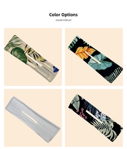 Color display of four printed fabric hair bun makers with various tropical patterns
