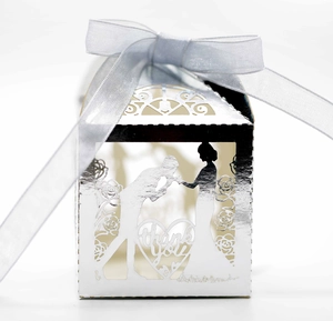 Silver laser cut heart candy box with Thank You engraving and matching satin ribbon