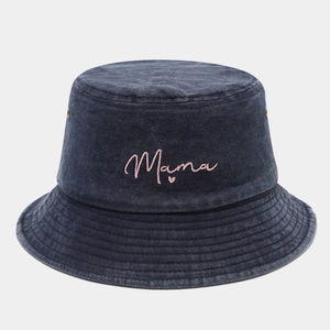 Dark grey washed denim bucket hat with pink Mama embroidery and heart for women
