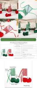 Detail view of striped Christmas elf table leg covers with dimensions and velvet texture