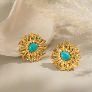Vintage gold flower stud earrings with turquoise stone and crystal accents