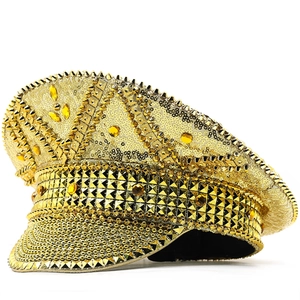 Gold Sequin Captain Hat Rivet Rhinestone Luxury Performance Military Hat Wedding Party Festival Headwear