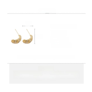 Detail view of gold crescent hoop earrings with sparkling rhinestones and product specs