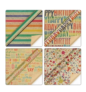 Detail view of four wrapping paper styles including stripes, letters, and colorful patterns