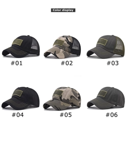 Color display of tactical baseball caps with American flag patches and mesh panels